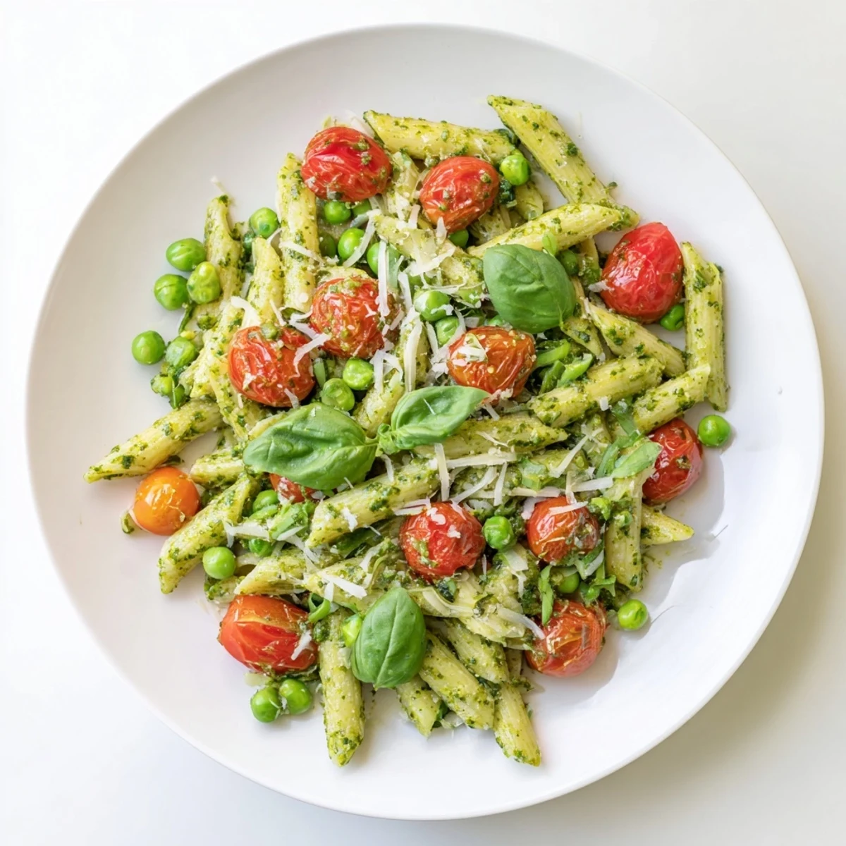 A chilled bowl of Green Pesto Pasta Salad featuring tender pasta, aromatic pesto, sweet peas, and fresh basil garnish.