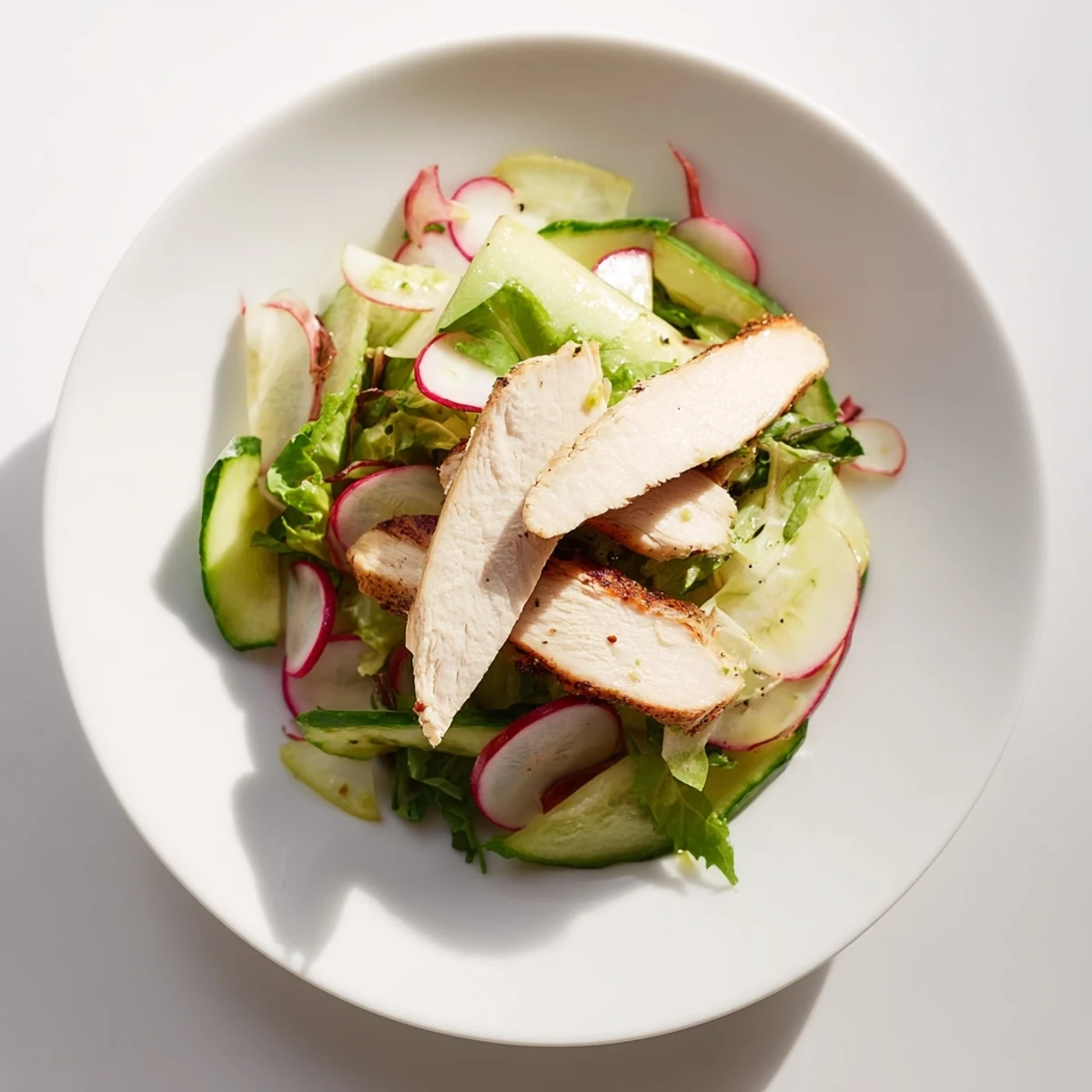 Spring Detox Chicken Salad features tender grilled chicken sliced over crisp mixed greens, cucumber, and peppery radishes with lemon vinaigrette.