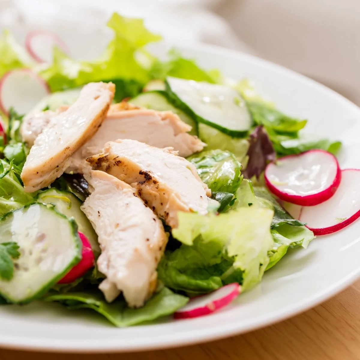 A vibrant Spring Detox Chicken Salad combines juicy grilled chicken, fresh avocado slices, and colorful vegetables on a light, nourishing bed of greens.