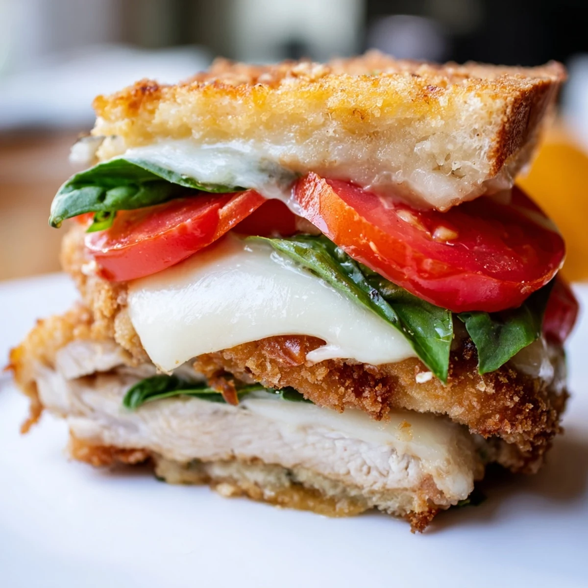 Crispy Chicken Caprese Sandwich served warm, drizzled with balsamic glaze and extra virgin olive oil.