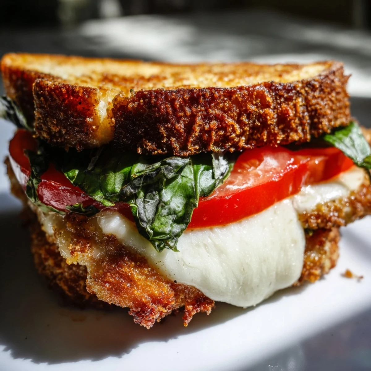 A close-up of the Crispy Chicken Caprese Sandwich with juicy tomatoes and basil on a rustic ciabatta roll.