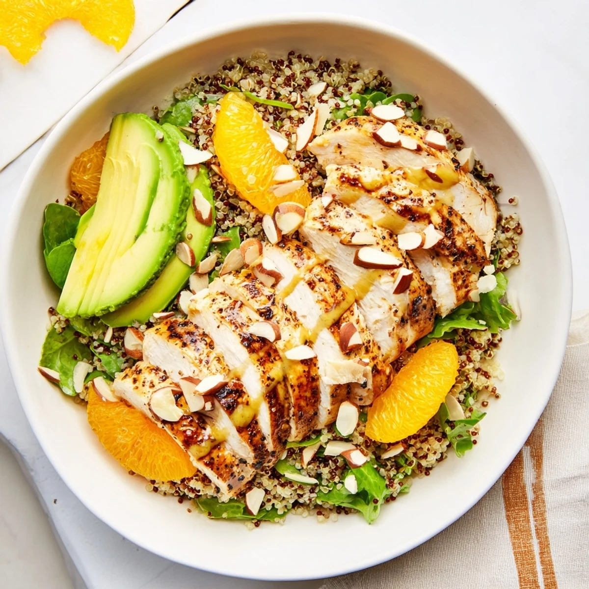 A vibrant Citrus Herb Chicken Salad Bowl with grilled chicken, orange segments, and avocado slices on fluffy quinoa and greens.