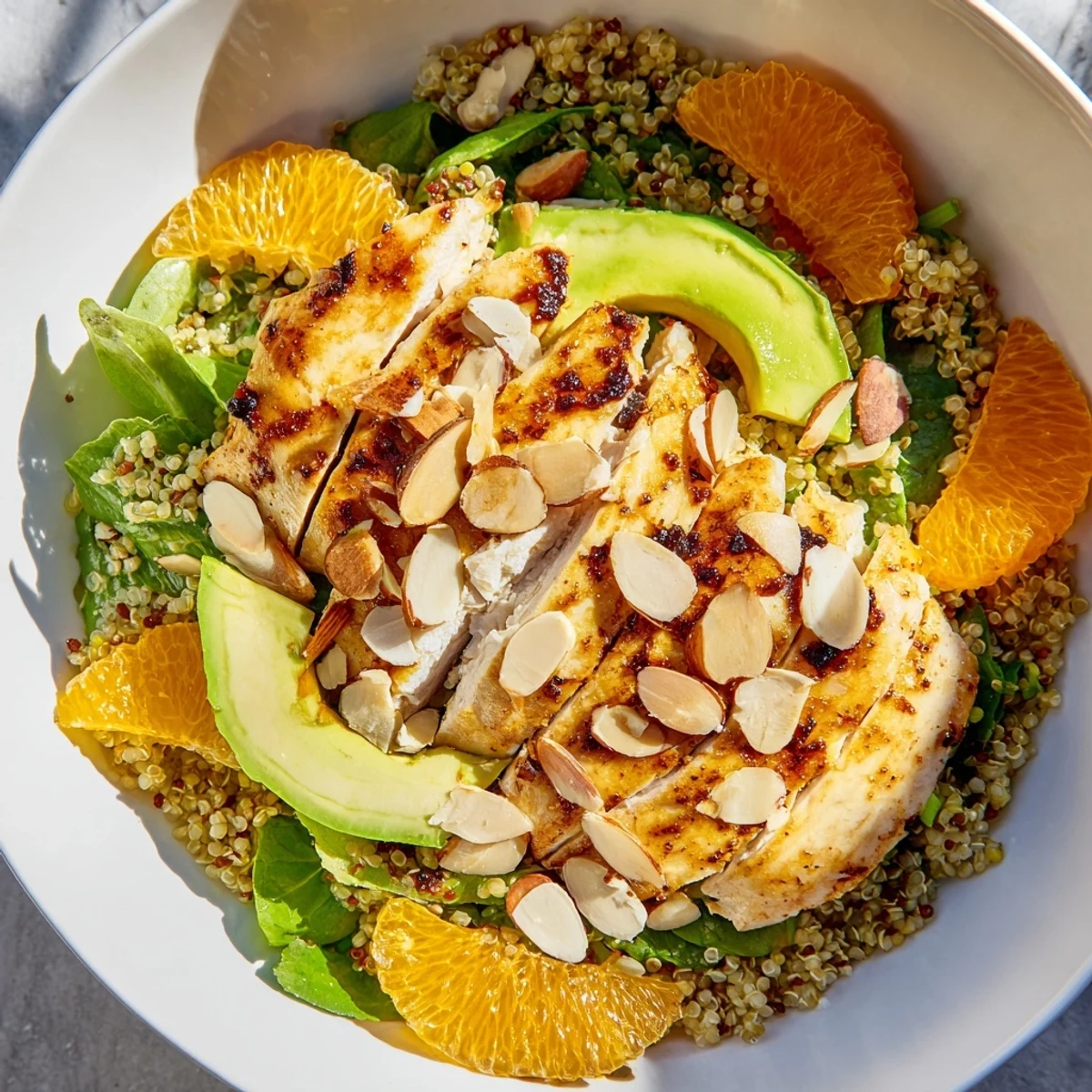 Citrus Herb Chicken Salad Bowl garnished with toasted almonds, ready to serve with a zesty vinaigrette dressing.