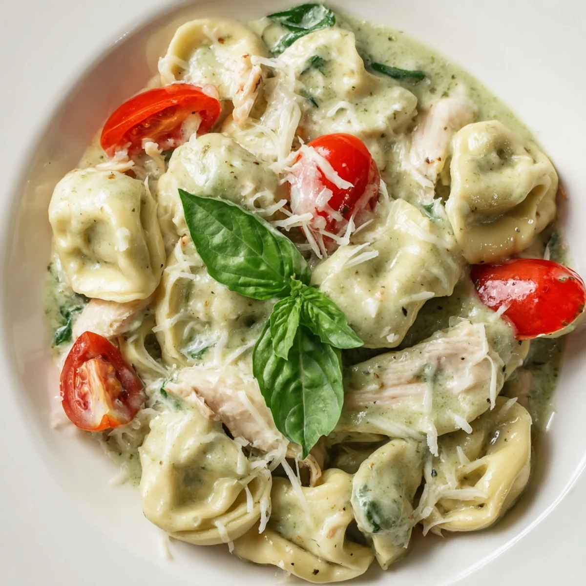 Golden, creamy pesto sauce coats cheese tortellini and rotisserie chicken in a bubbling skillet.