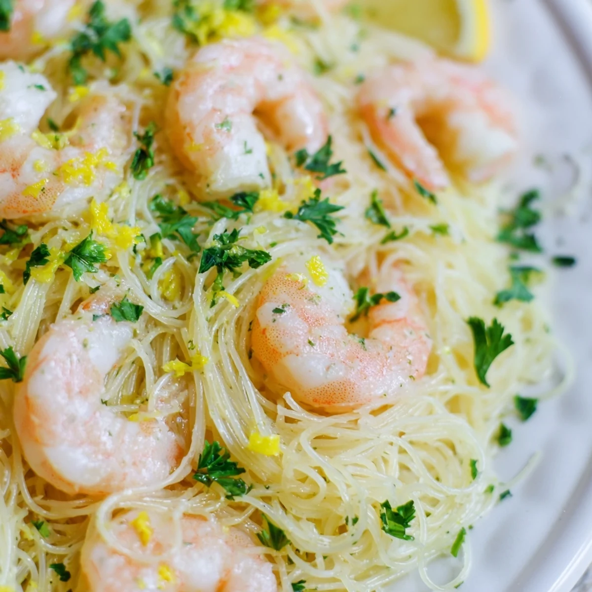 Steamed angel hair pasta coated in a zesty lemon garlic butter sauce, topped with sautéed shrimp and fresh parsley for a light Italian-American main dish.