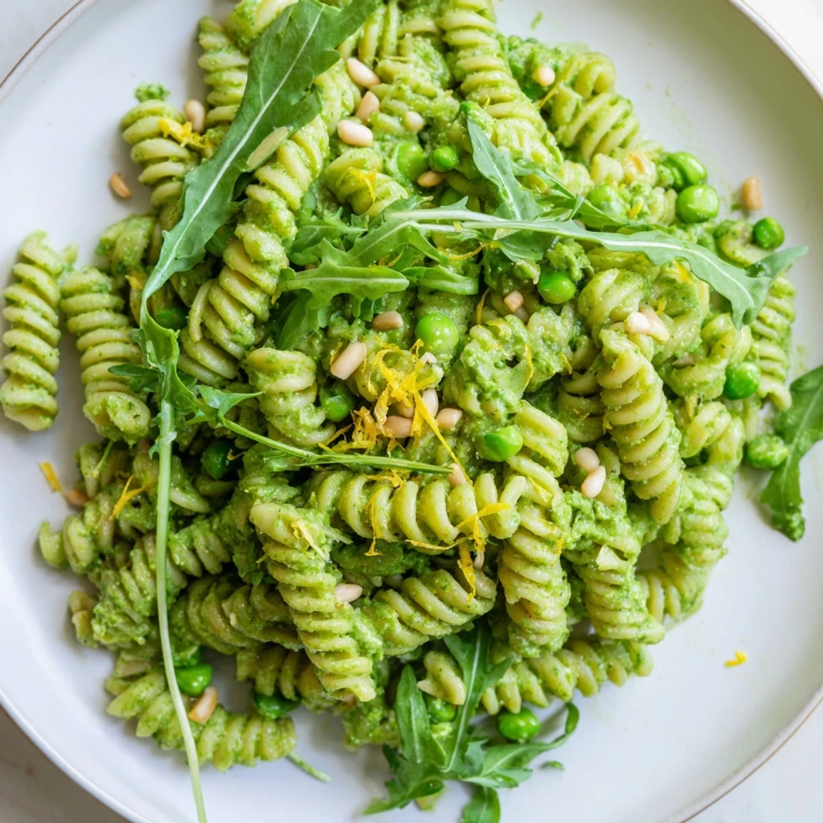 Fusilli pasta coated in homemade pesto, brightened with lemon zest and topped with crumbled feta.