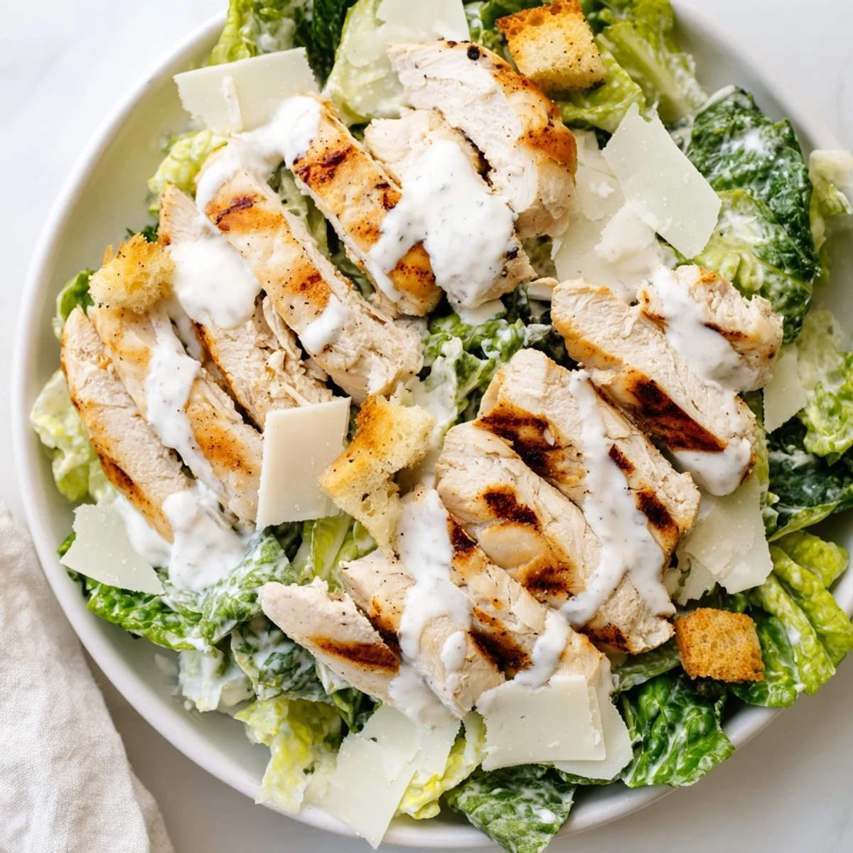Sliced grilled chicken strips glisten atop crisp romaine lettuce in this vibrant Yogurt Caesar Grilled Chicken Salad, with creamy white dressing and golden croutons.