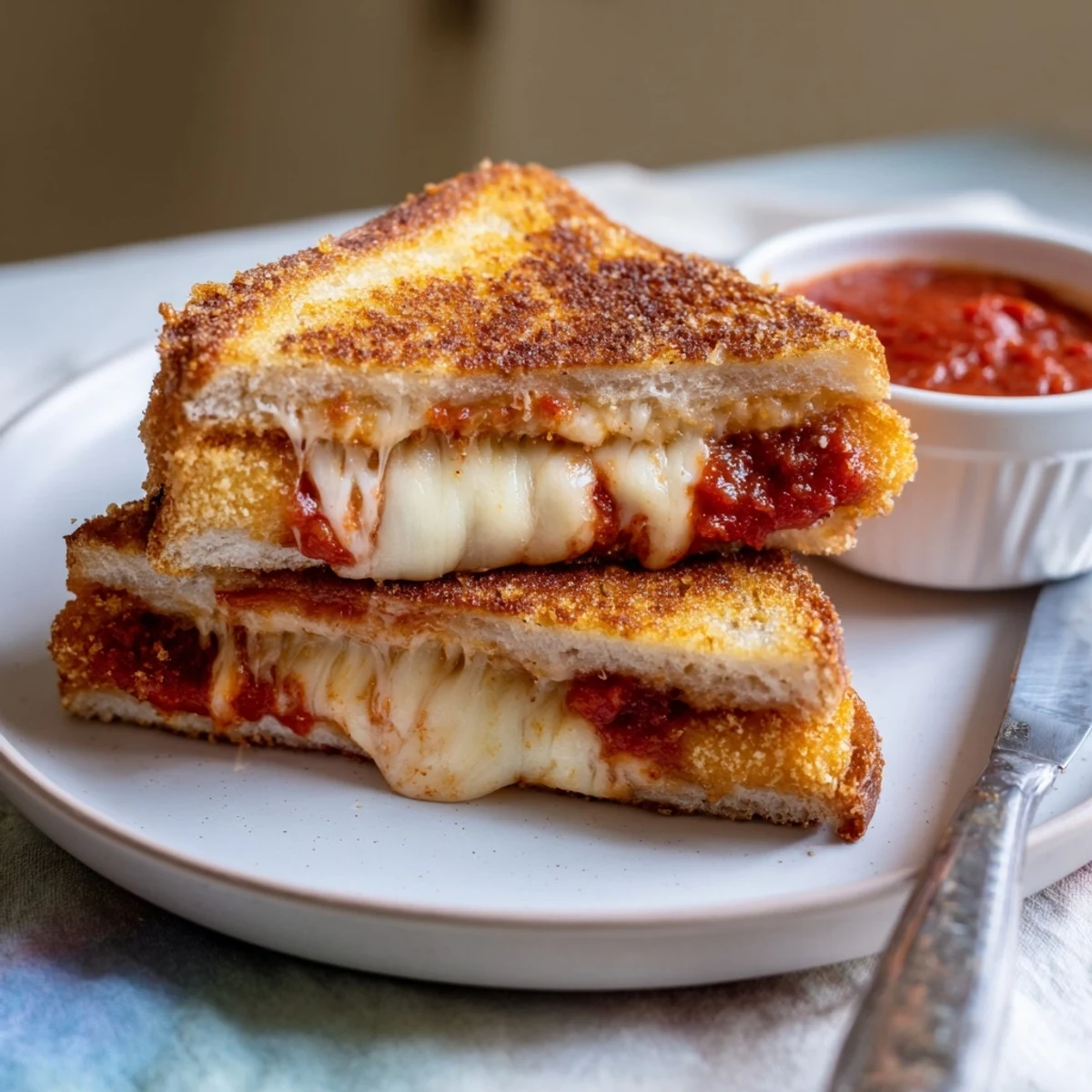 A close-up of the crispy golden-brown bread of the Mozzarella Stick Grilled Cheese, with a side of warm marinara dipping sauce.