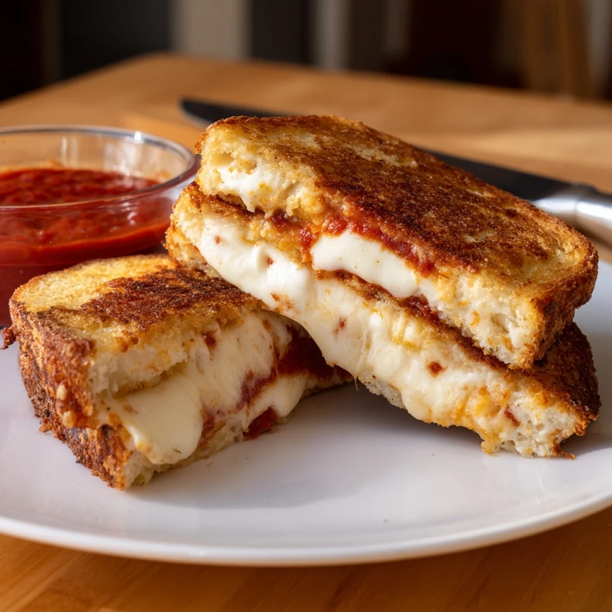 Freshly grilled Mozzarella Stick Grilled Cheese resting on a wooden board, steam rising from the melted cheese filling.