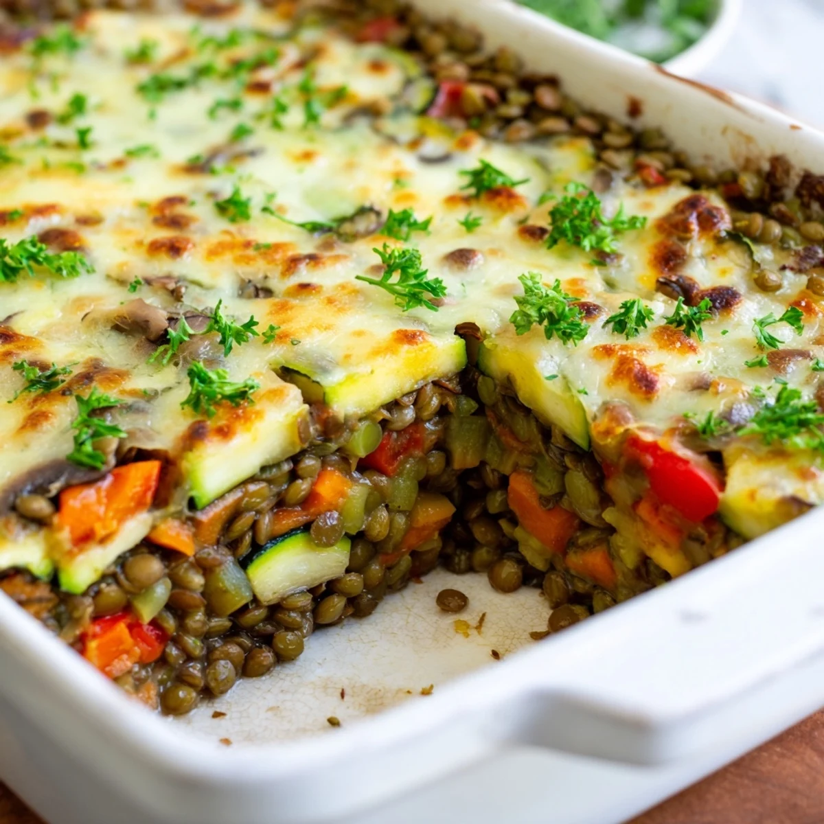 A close-up of a baked Green Lentil and Vegetable Casserole, featuring golden cheese topping and visible chunks of carrots, bell peppers, and tomatoes.
