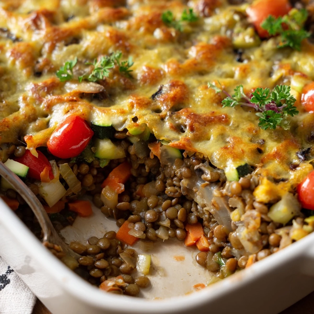 The wholesome Green Lentil and Vegetable Casserole emerges from the oven, bubbling with a medley of seasonal vegetables in a rich tomato broth.