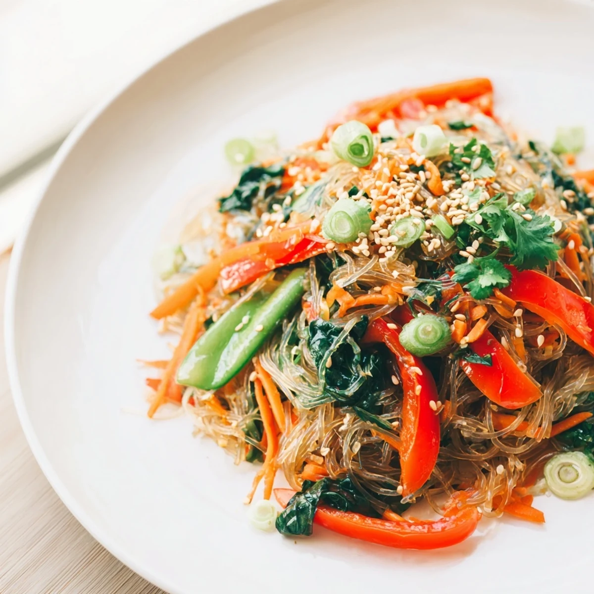 Serve this vibrant Asian-inspired kelp noodle stir-fry topped with sesame seeds and fresh lime wedges.