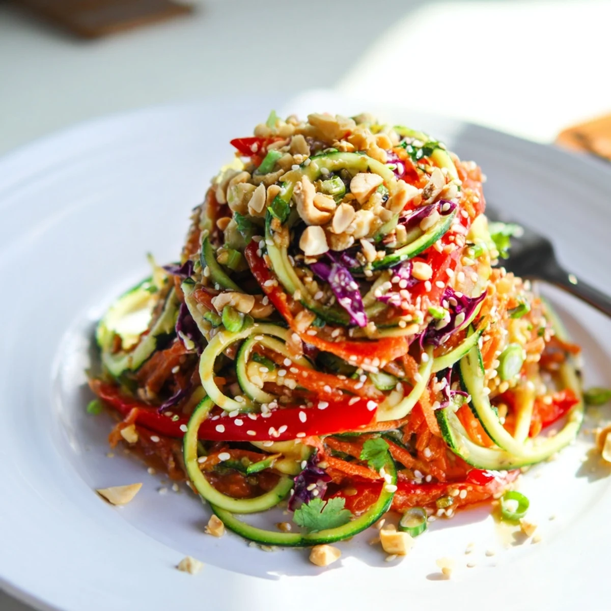 A vibrant Raw Vegetable Noodle Salad with spiralized zucchini, carrots, and crisp red cabbage tossed in a zesty sesame-ginger dressing.