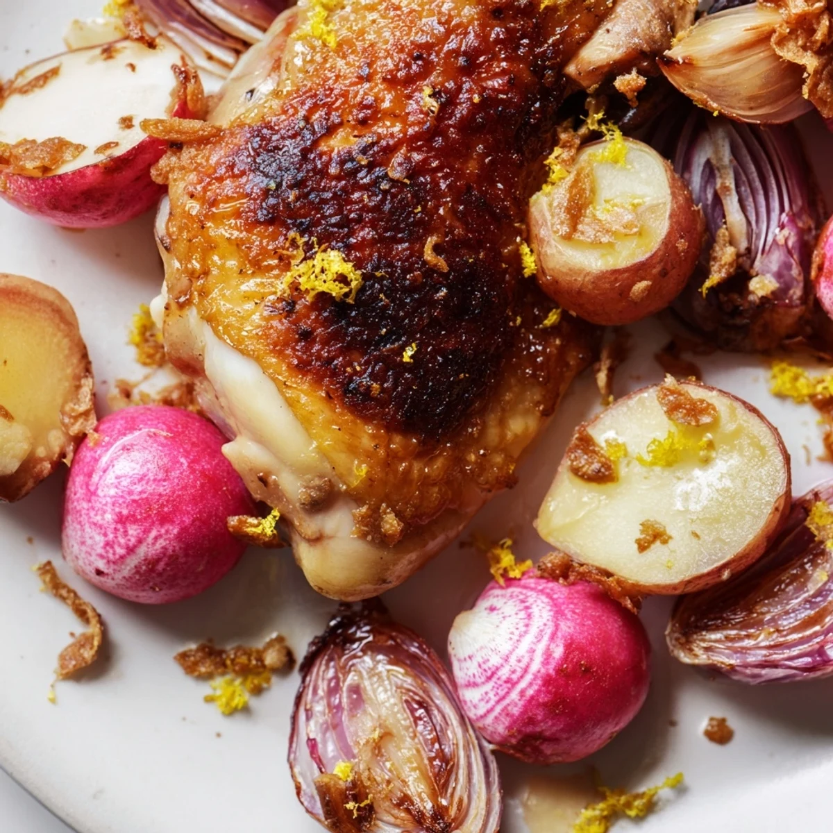 Gluten-free Roasted Radish & Chicken Sheet Pan dinner with crispy skin chicken and tender veggies, perfect for an easy weeknight meal.  