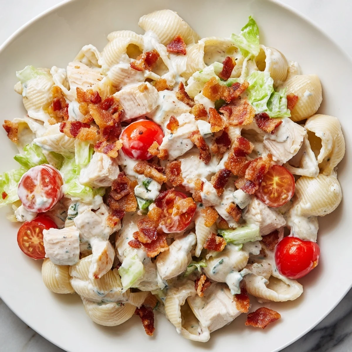Freshly tossed BLT Chicken Pasta Salad with grilled chicken, crisp bacon, and cherry tomatoes on a rustic picnic table.  