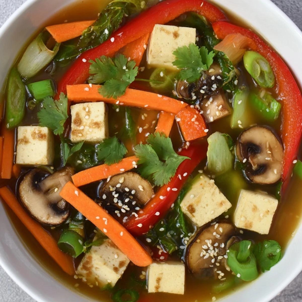 Serving suggestion for Tofu and Vegetable Soup garnished with fresh cilantro and toasted sesame seeds, alongside a lime wedge on the side.