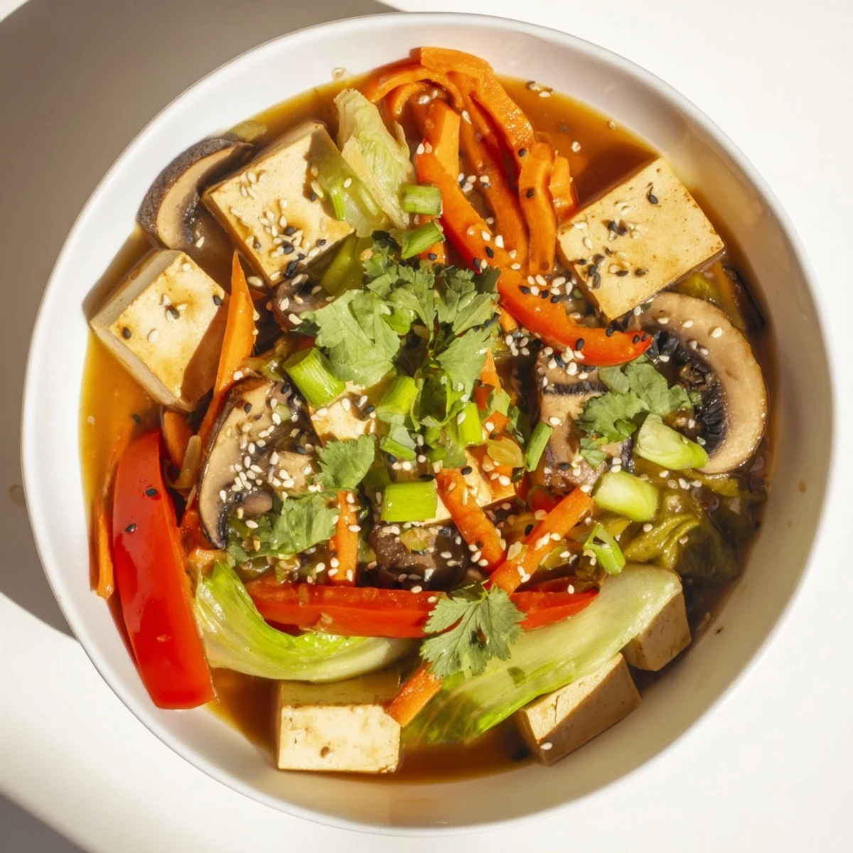A steaming bowl of Tofu and Vegetable Soup, featuring silken tofu cubes, julienned carrots, and vibrant bok choy in a light ginger broth.