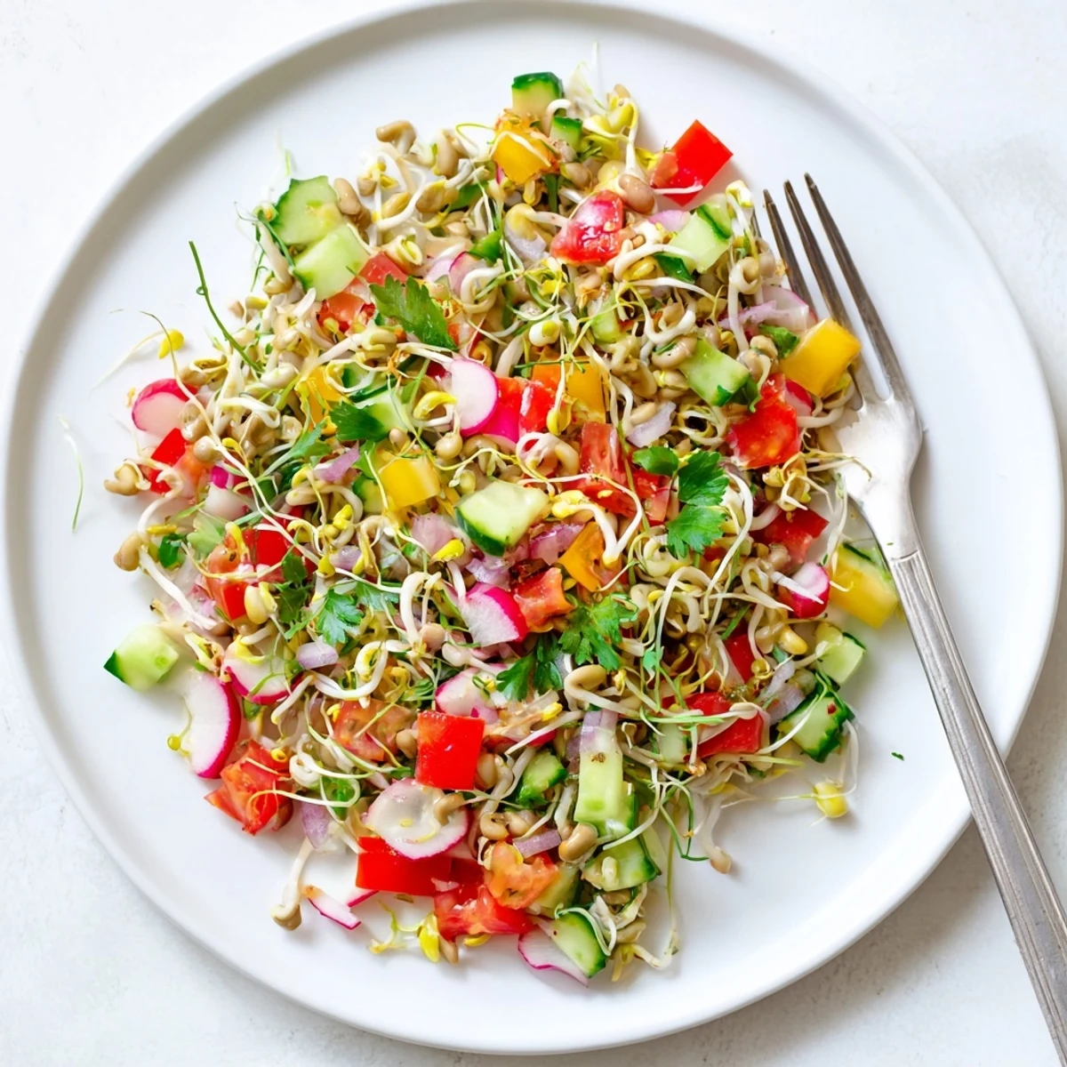 A generous serving bowl of fresh Sprouted Seed Salad featuring crisp cucumber, tomato, and radish sprouts, garnished with chopped cilantro for a bright finish.