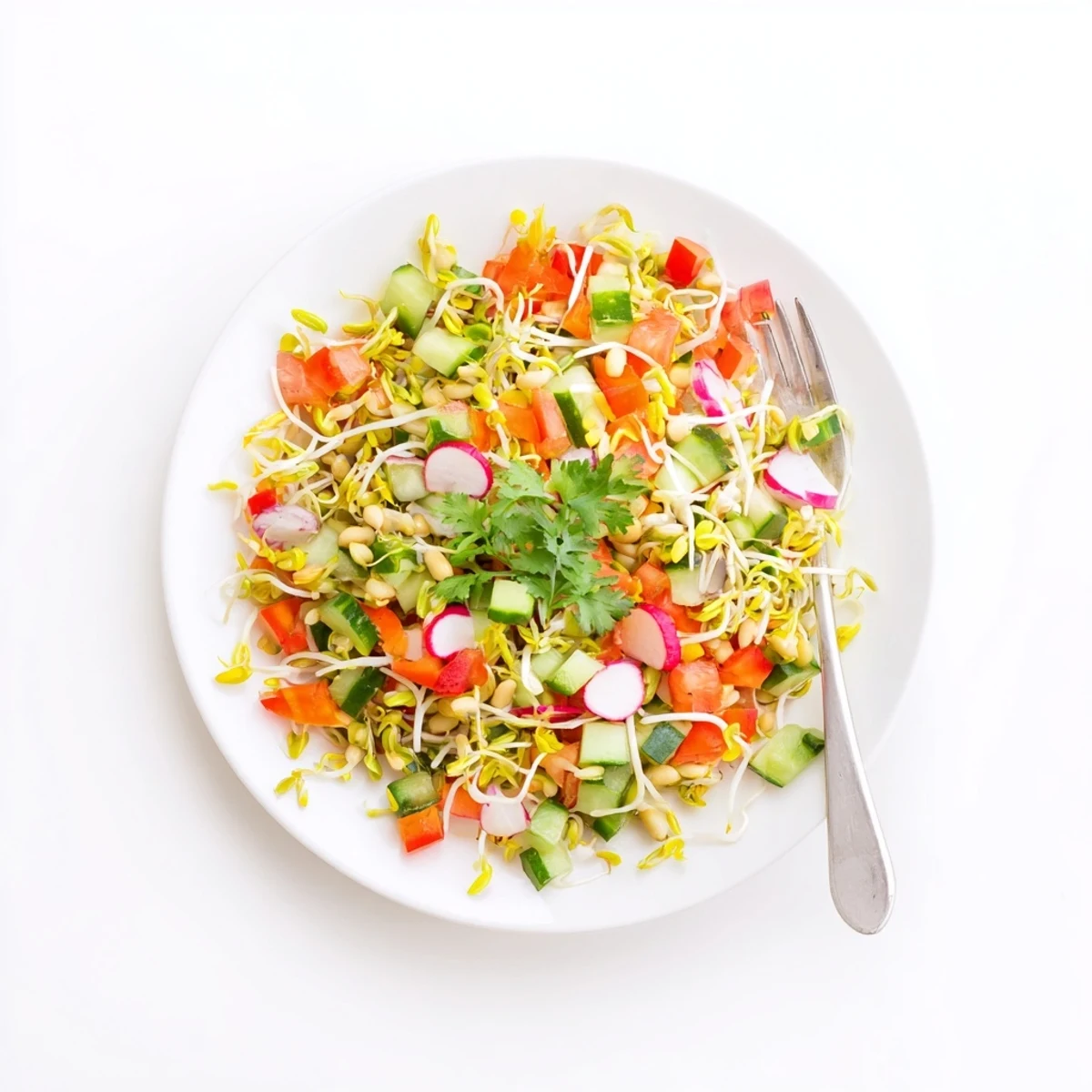 Healthy Sprouted Seed Salad plated on a white dish, displaying a colorful medley of sprouts, vegetables, and a zesty olive oil dressing ready to enjoy.