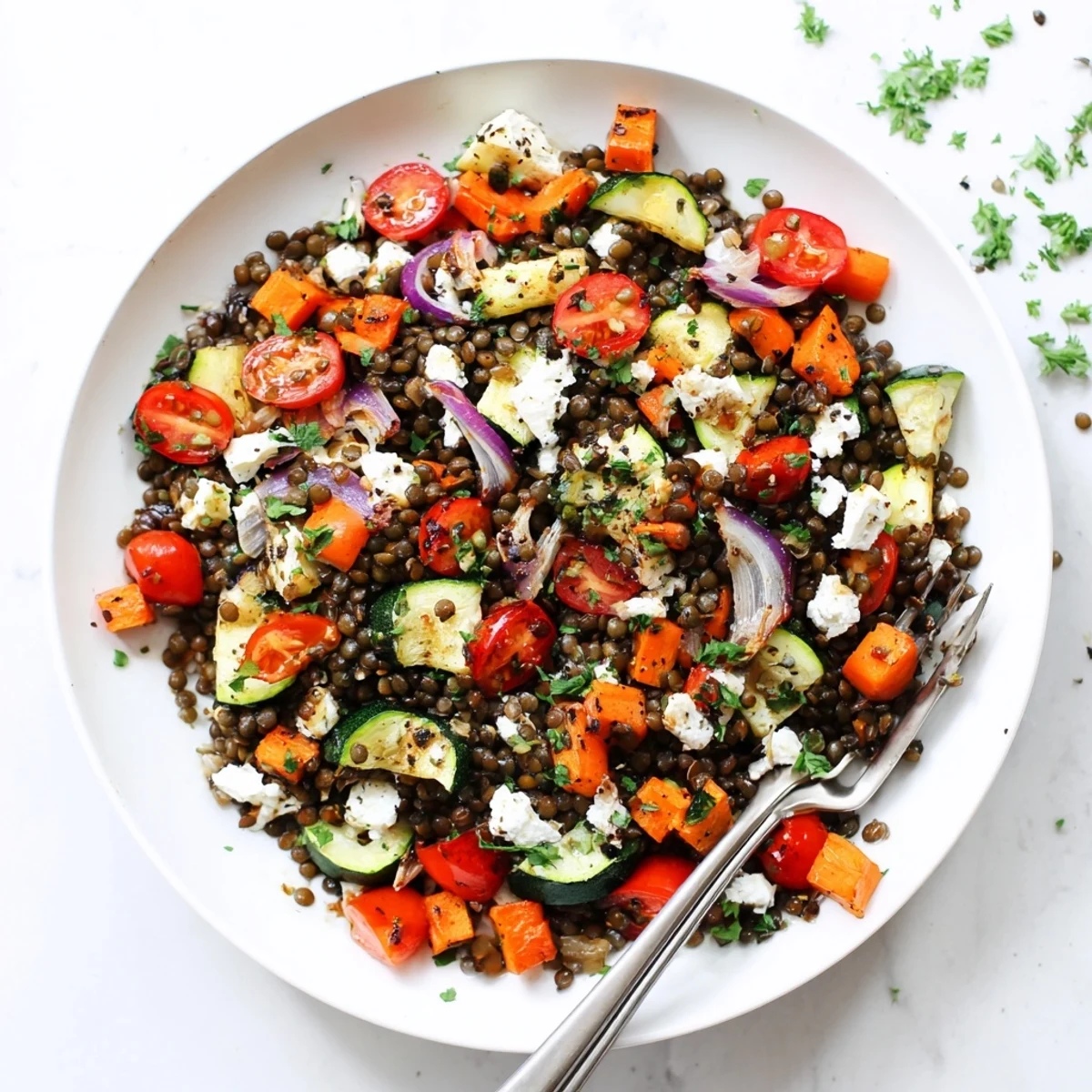 A close-up of Black Lentil Salad with Roasted Vegetables, featuring tender beluga lentils, colorful caramelized vegetables, and fresh parsley with a lemony sheen.  
