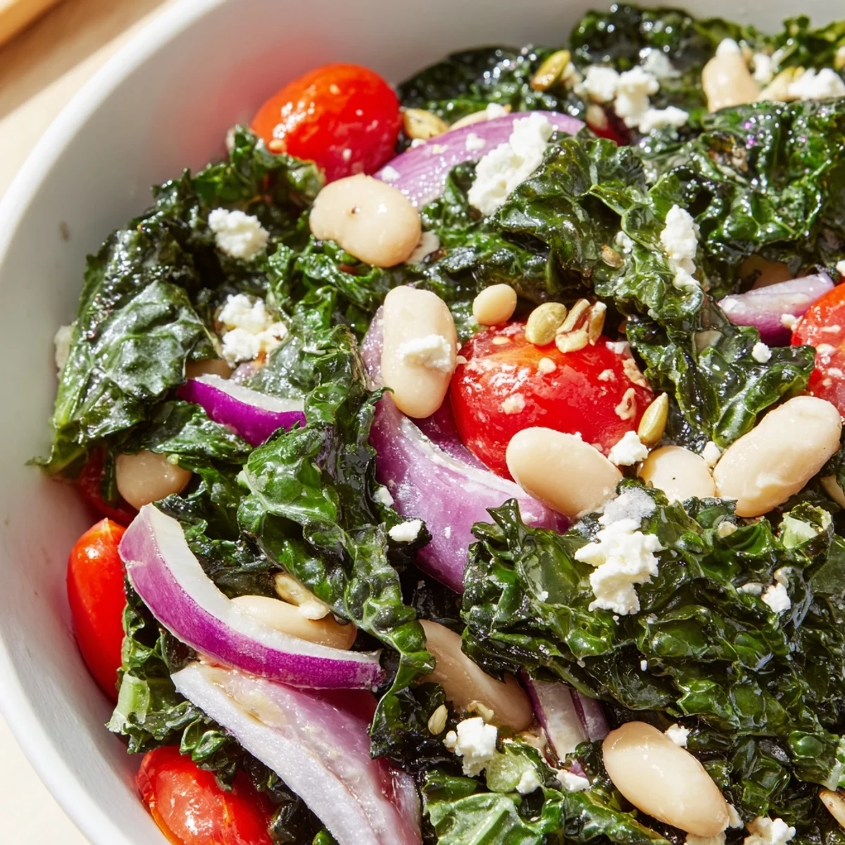 A close-up of the White Bean and Kale Salad, showing chopped kale leaves coated in a lemon-garlic dressing alongside creamy white beans and halved cherry tomatoes.