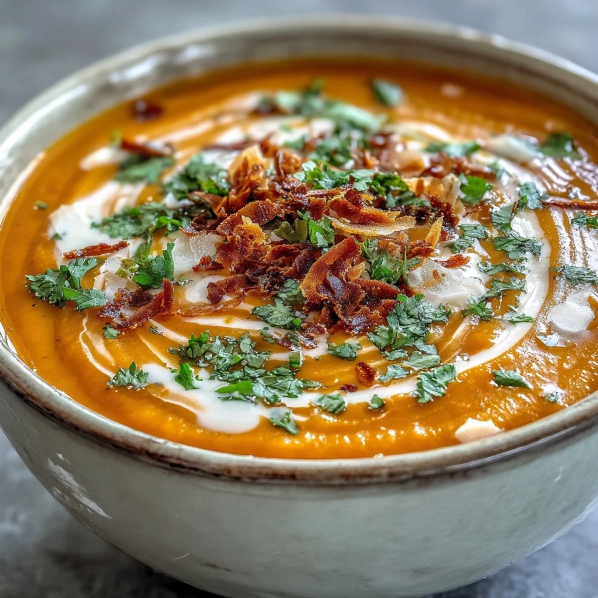 A warm bowl of Carrot and Coconut Soup garnished with fresh cilantro and toasted coconut flakes for a cozy meal.