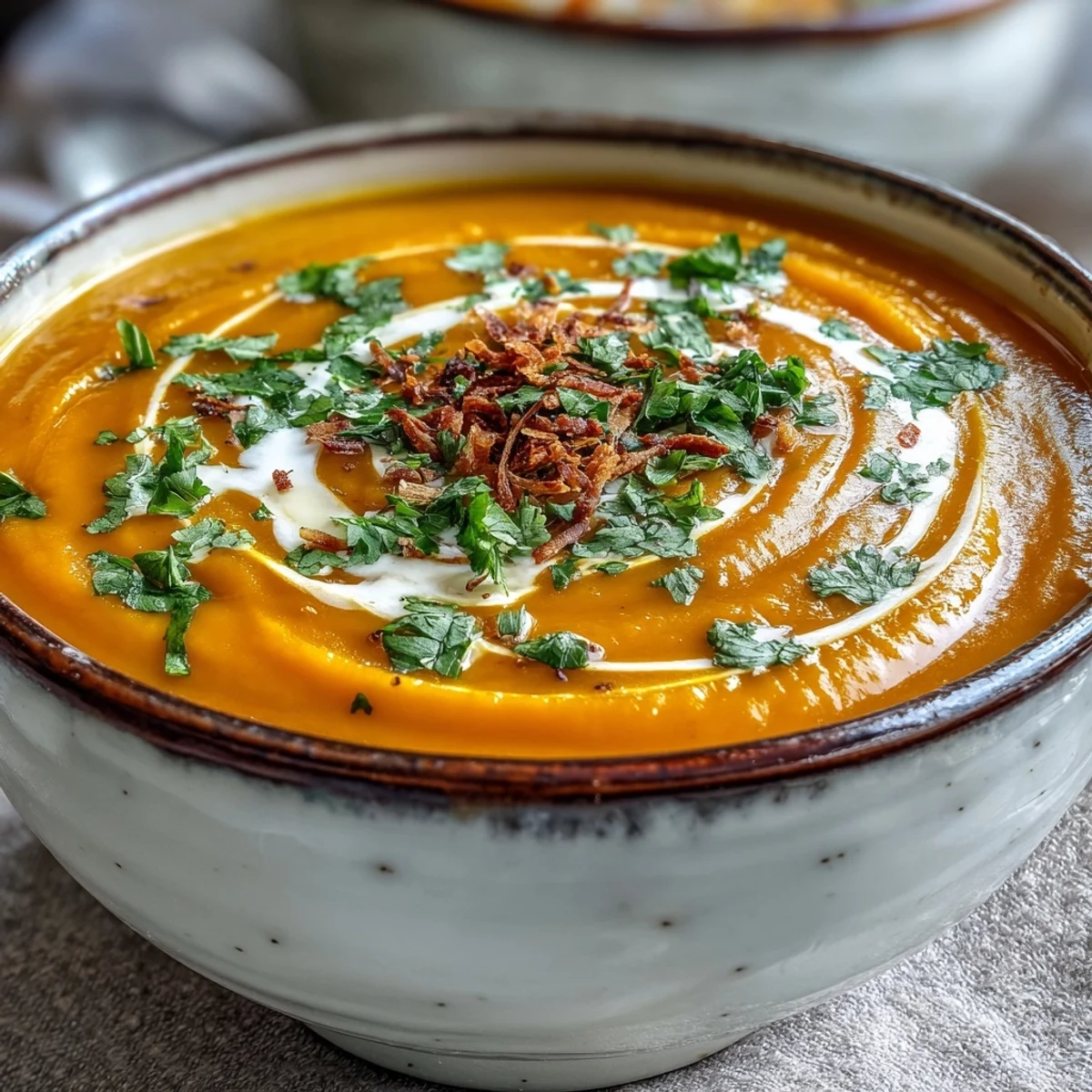 This vegan Carrot and Coconut Soup is blended until velvety and served steaming hot in a rustic white bowl.