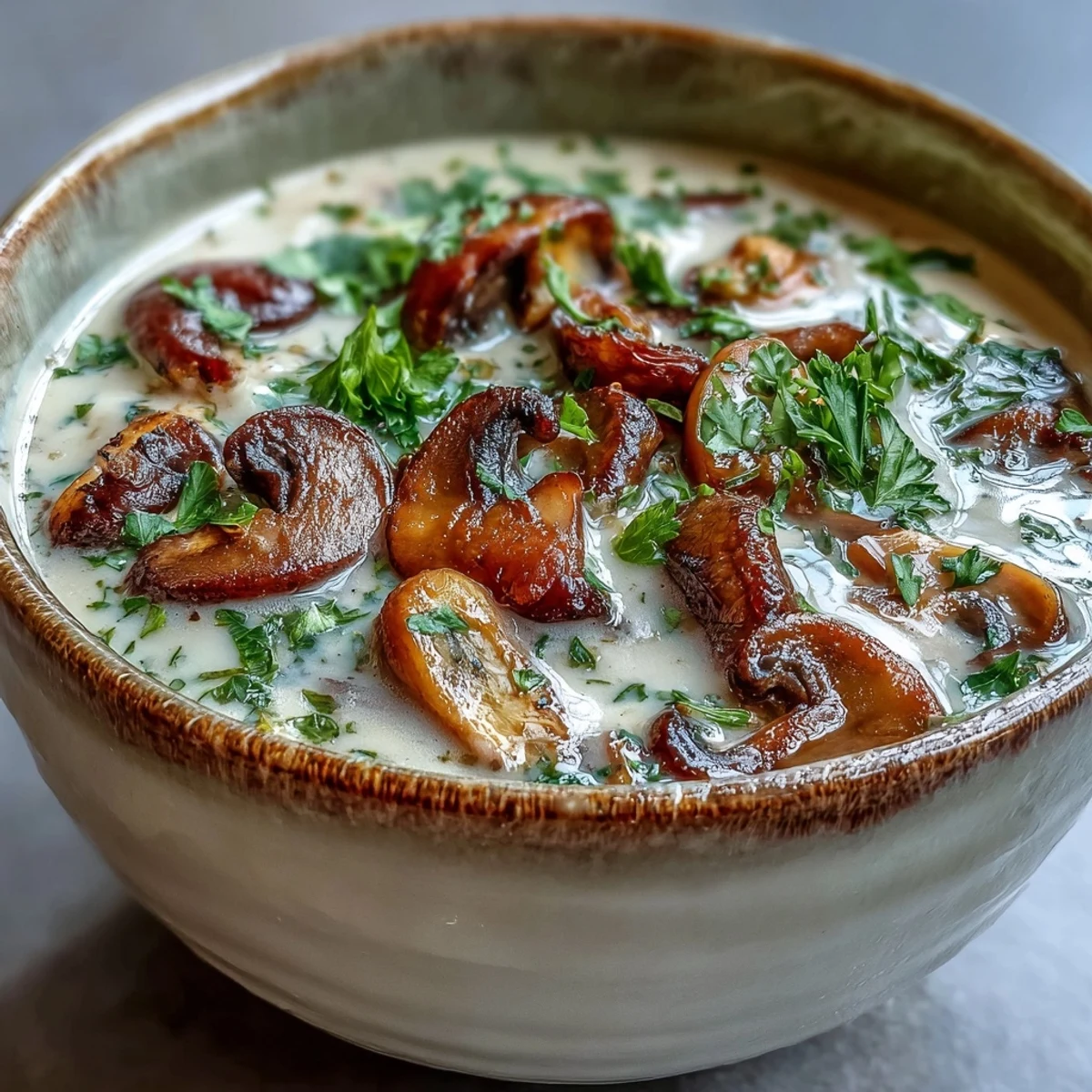 Creamy homemade Mushroom Soup simmering in a pot with fresh thyme and a ladle ready to serve.