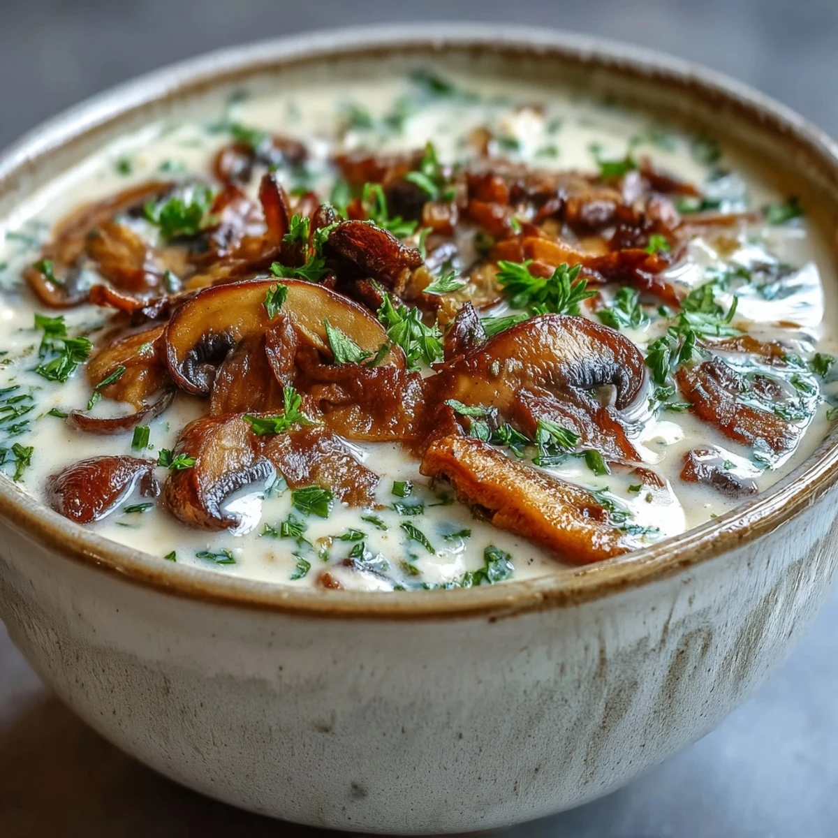 Rich Mushroom Soup with a velvety texture, made with sautéed mushrooms, onions, and a splash of cream.