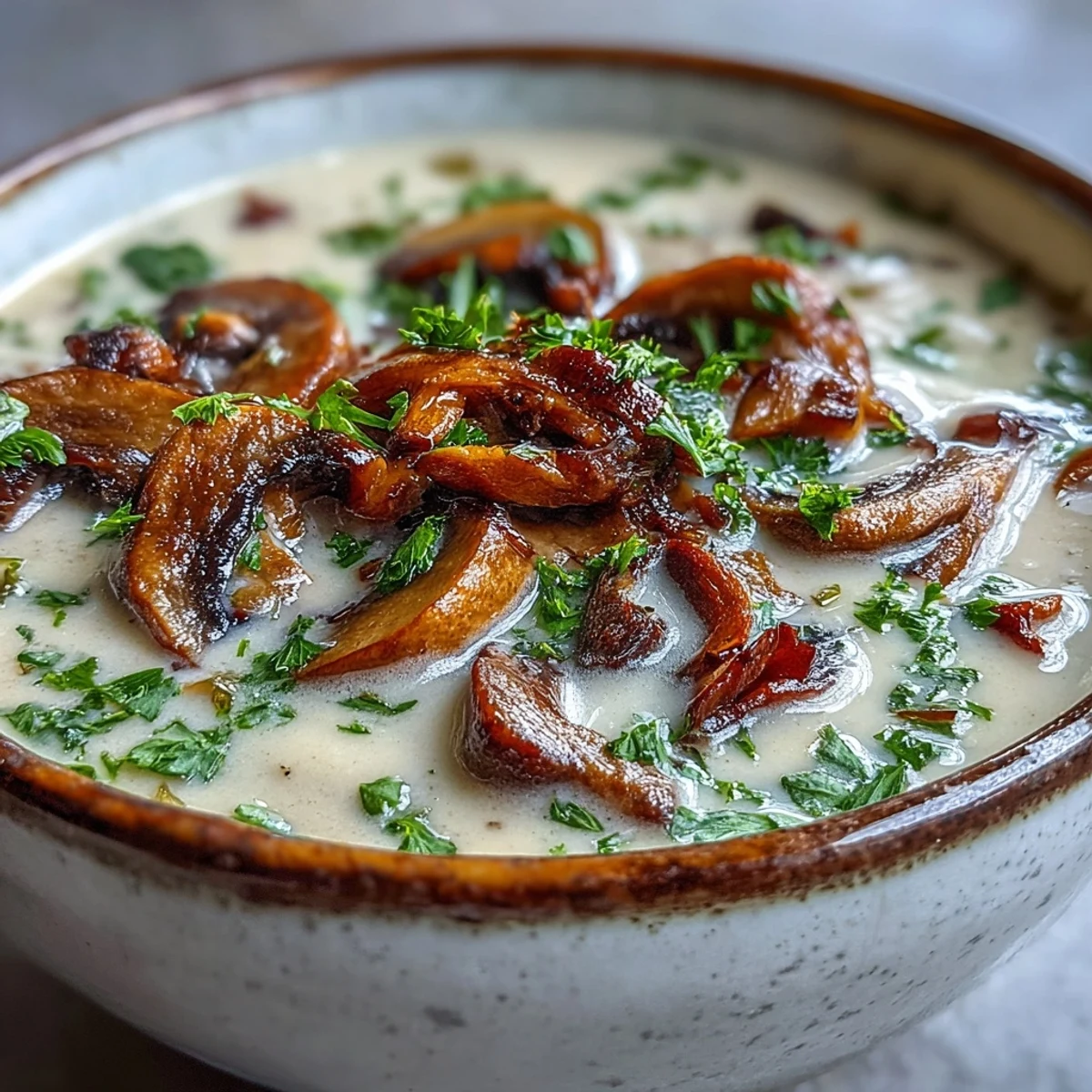 Earthy Mushroom Soup in a white bowl, garnished with parsley and served alongside warm crusty bread.