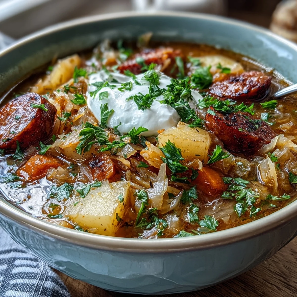 Steaming bowl of Sauerkraut Soup garnished with parsley and a dollop of sour cream served with rye bread.