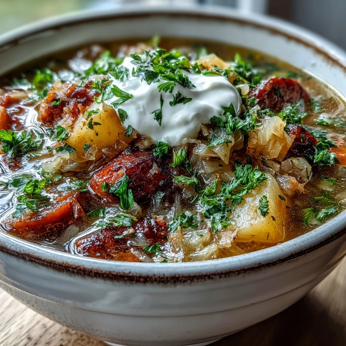 Rustic pot of Sauerkraut Soup simmering with sauerkraut, potatoes, carrots, and smoked sausage for a hearty meal.
