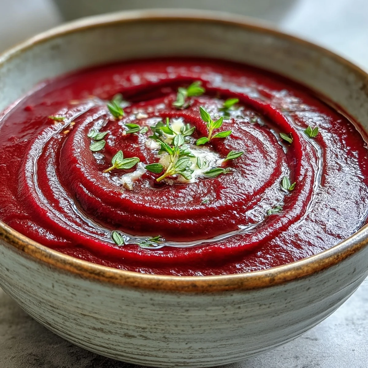 Velvety roasted beet soup swirled with cream and fresh thyme in a rustic bowl.