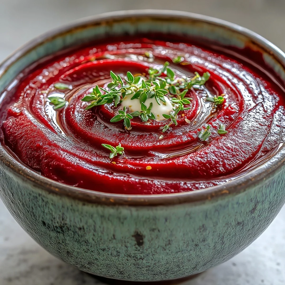 Roasted beet soup served hot with crusty bread for a comforting appetizer.