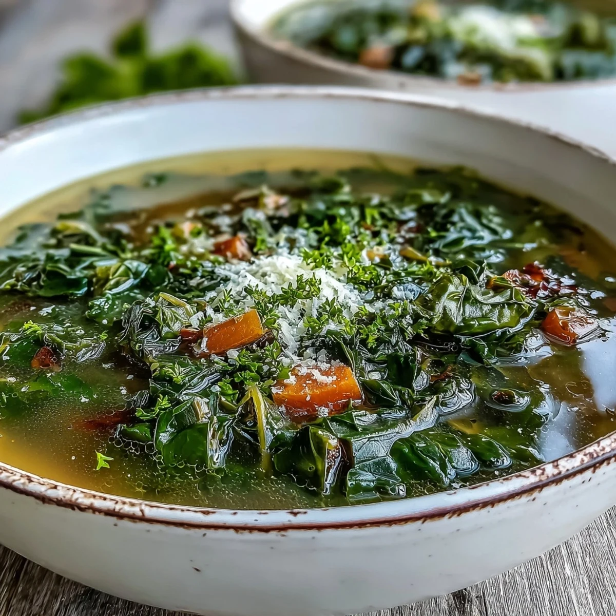 Bright green Swiss Chard Soup simmering in a pot with carrots, celery, and garlic for a wholesome vegetarian dinner.
