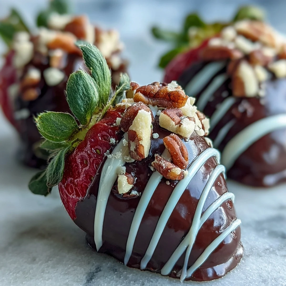 Glossy chocolate-covered strawberries with dripping white chocolate on a baking tray, ready for a romantic dessert.
