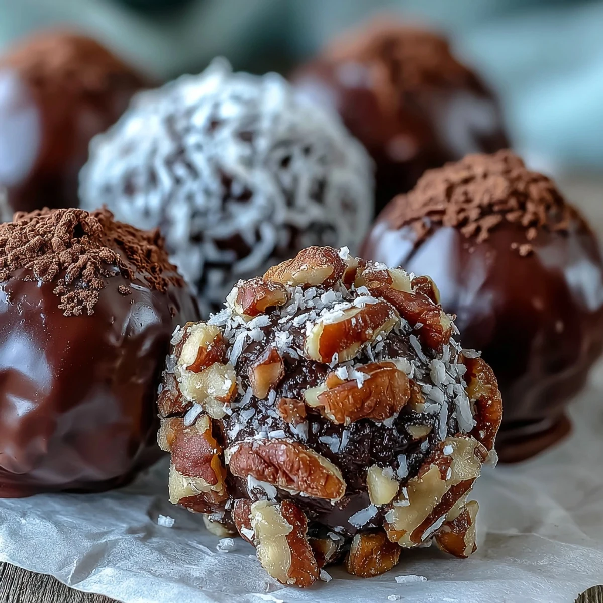 Freshly rolled Chocolate Truffles coated in cocoa powder and finely chopped pistachios on a marble counter.