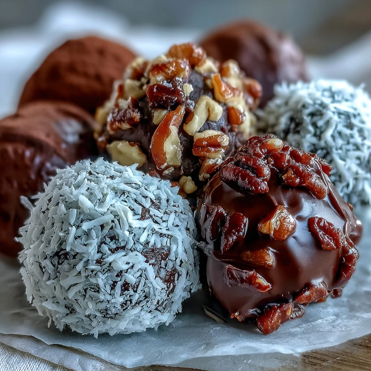 Creamy, dark chocolate truffles arranged in mini paper cups, ready for a dessert platter or gift box.