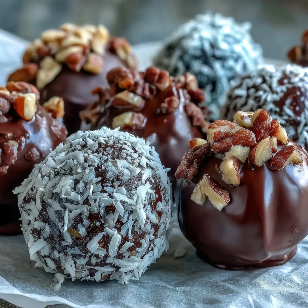 Handmade Chocolate Truffles in various coatings, including cocoa, coconut, and nuts, with a rich, velvety texture.