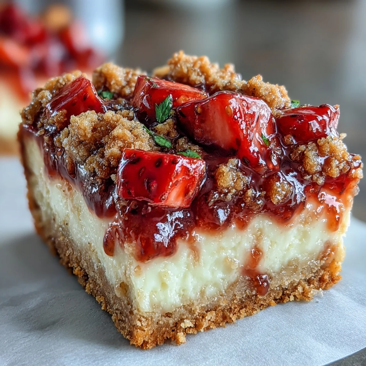 Sliced Strawberry Cheesecake Bars reveal a creamy cheesecake layer and juicy strawberry topping on a marble countertop.