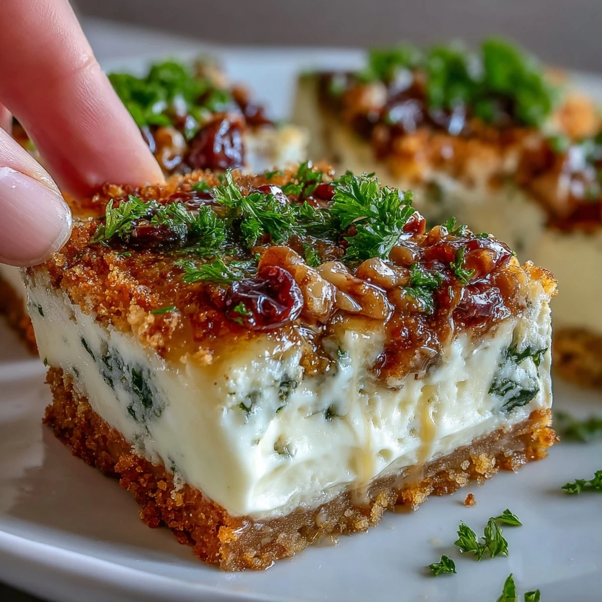 Freshly baked Kalamata cheesecake appetizer topped with sliced olives and parsley, set on a marble board.
