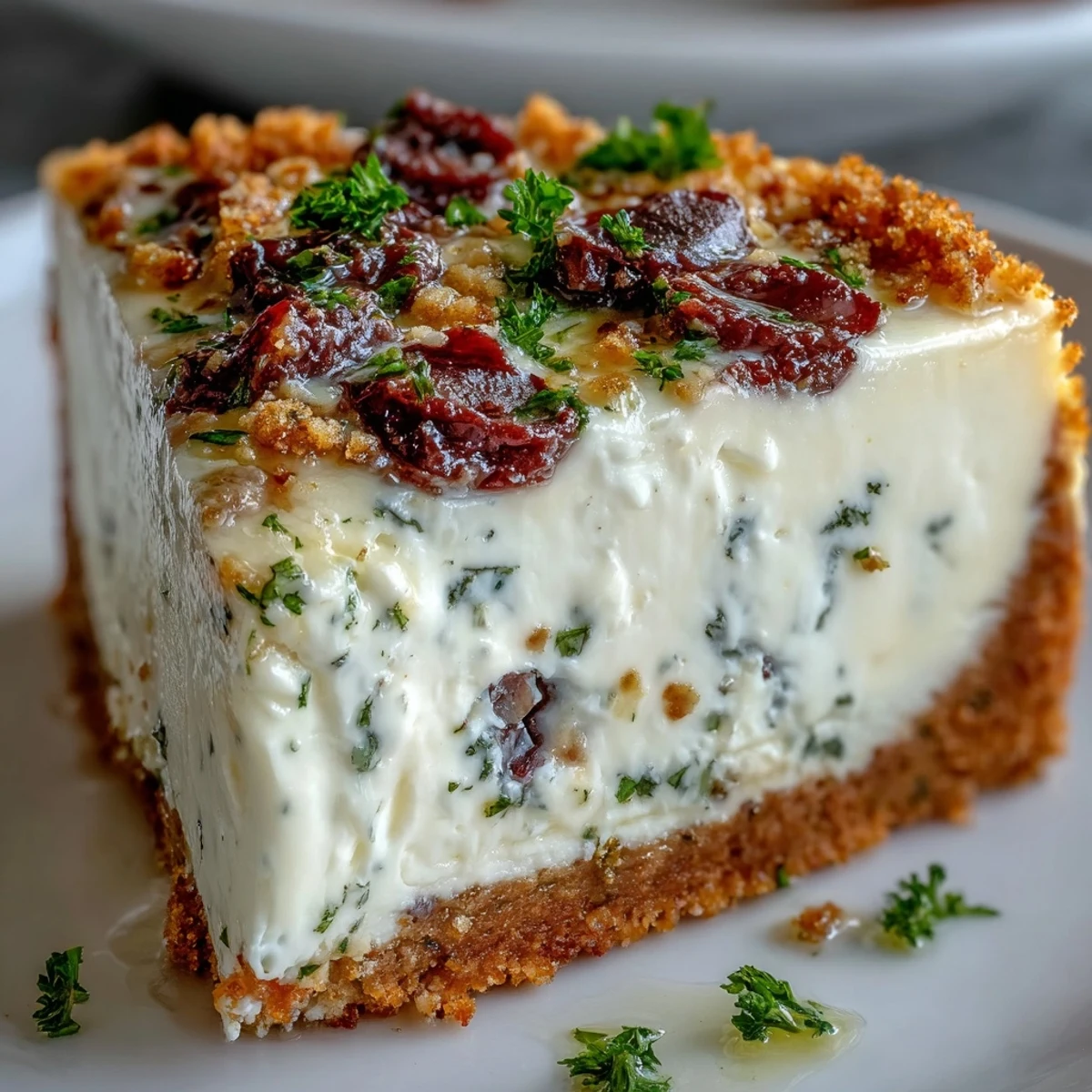 Savory Kalamata cheesecake appetizer slice being lifted, revealing creamy filling and crunchy herbed breadcrumb crust.