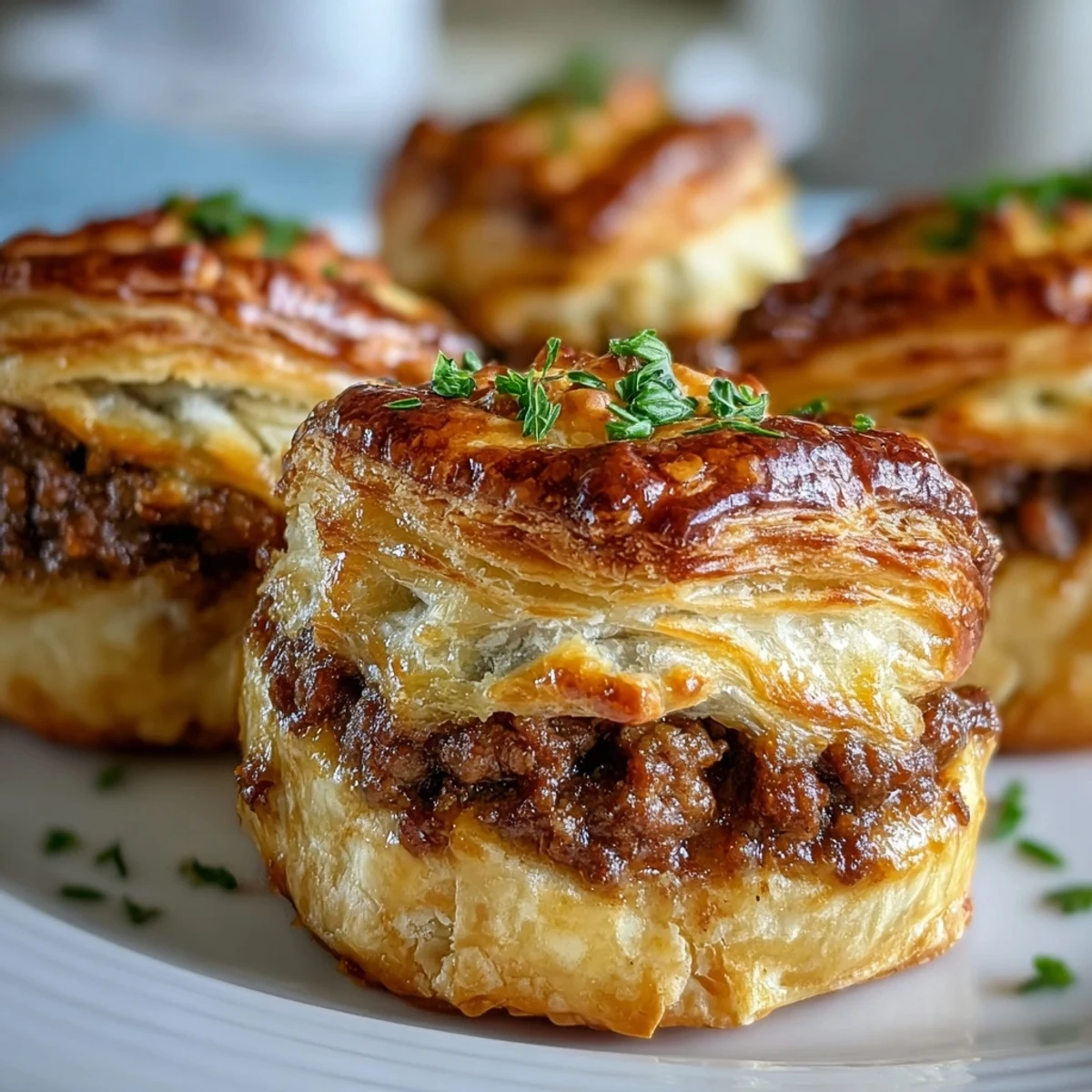 Golden-brown Mini Beef Tourtières with flaky cream cheese pastry, showcased on a rustic wooden board.