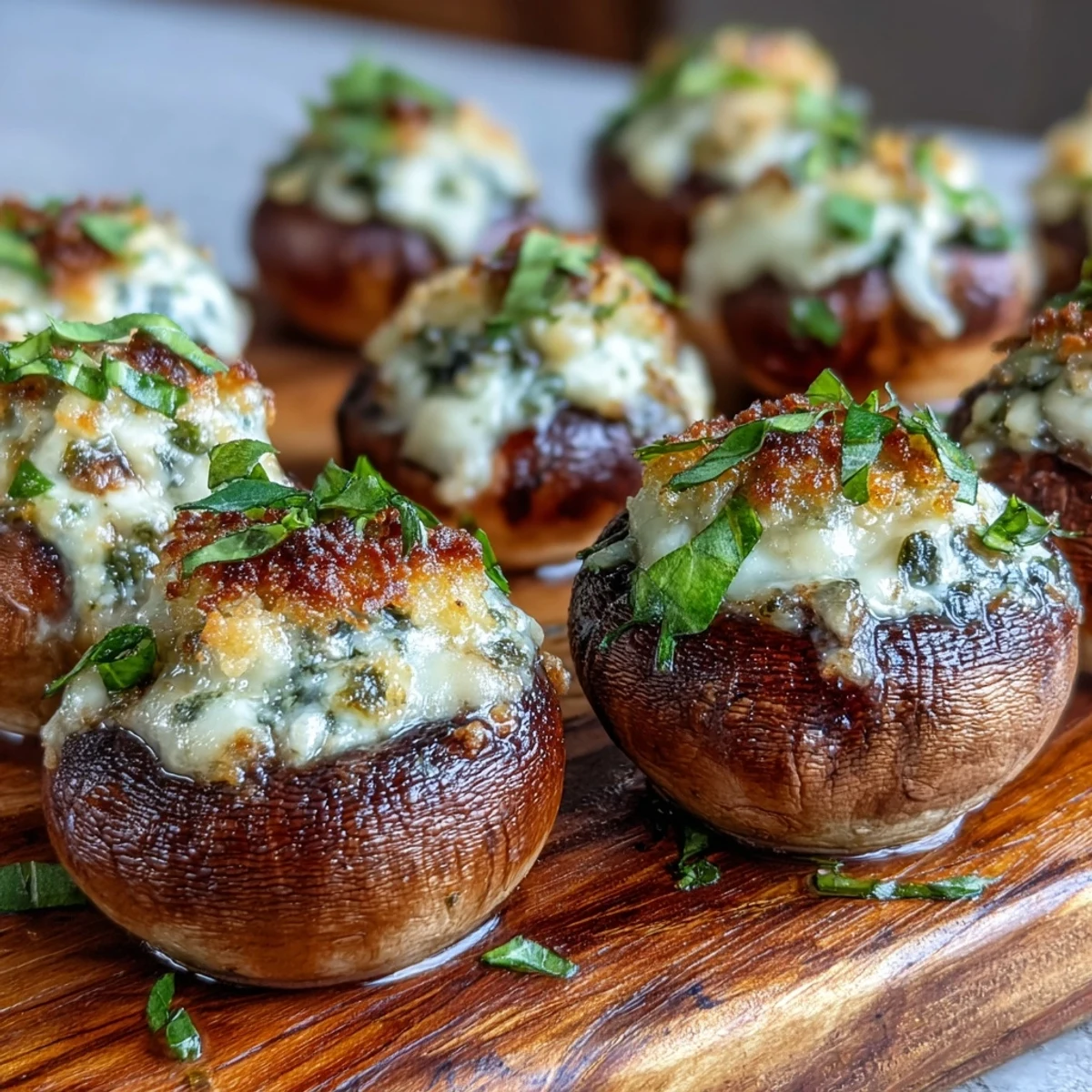 Freshly baked Stuffed Asiago-Basil Mushrooms with golden, bubbly cheese tops sit on a rustic wooden platter for an elegant party appetizer.
