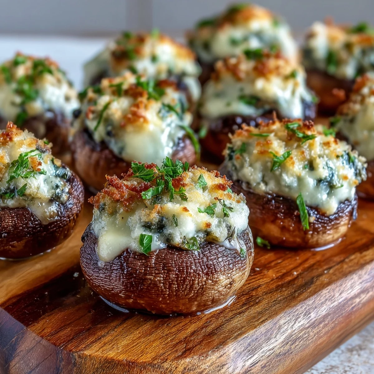 Golden-brown Stuffed Asiago-Basil Mushrooms release savory steam, revealing creamy fillings with flecks of fresh herbs on a white serving plate.