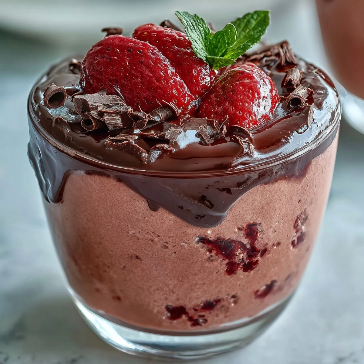Glass dessert cups filled with Chocolate-Covered Strawberry Mousse, featuring a bright pink layer topped with glossy dark chocolate ganache.