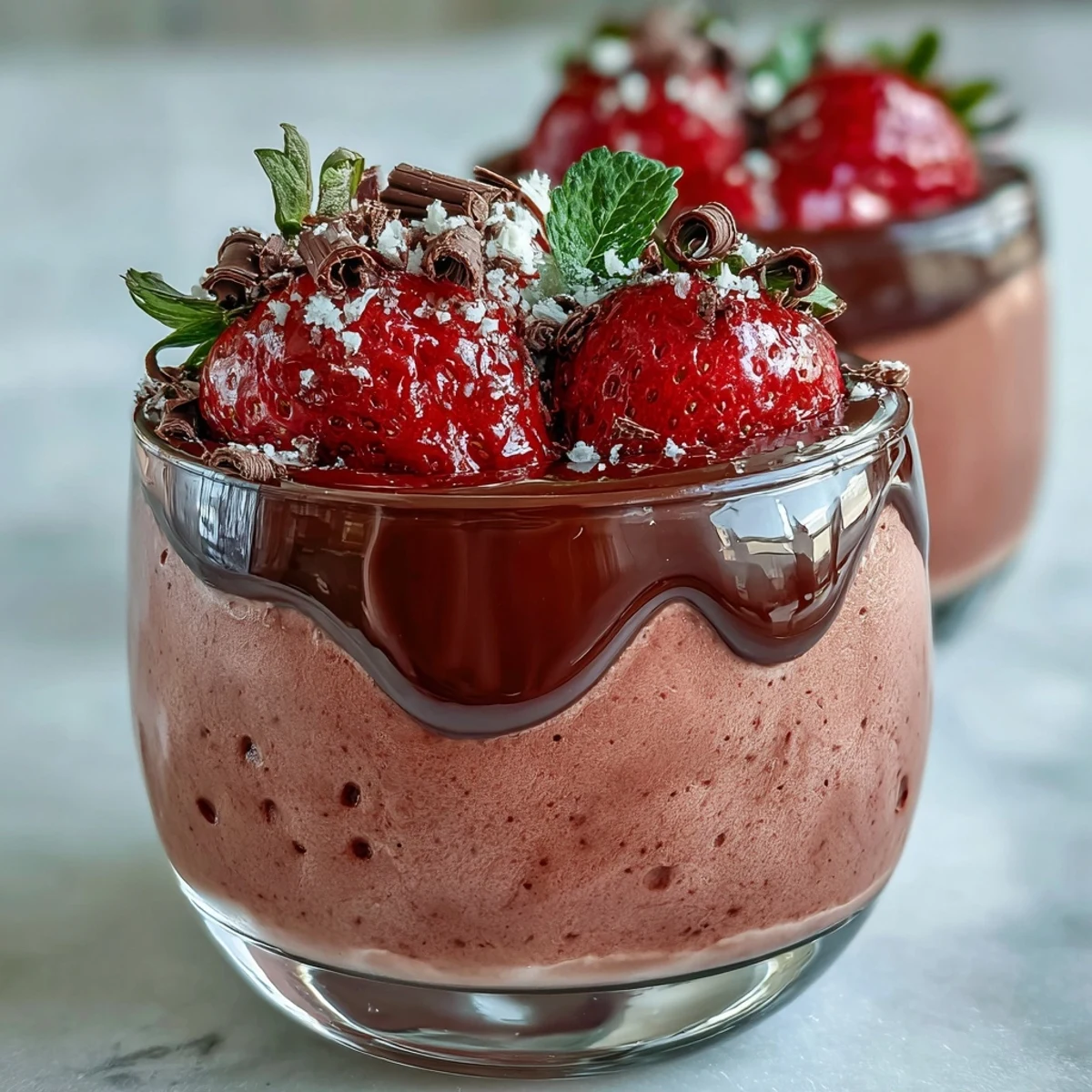 A serving spoon dips into a rich Chocolate-Covered Strawberry Mousse, garnished with fresh strawberry halves and delicate chocolate shavings.