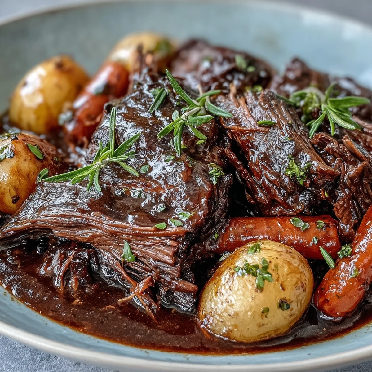 Close-up of tender, shredded Beef Pot Roast in rich, glossy gravy, with soft carrots and baby potatoes on a white platter.
