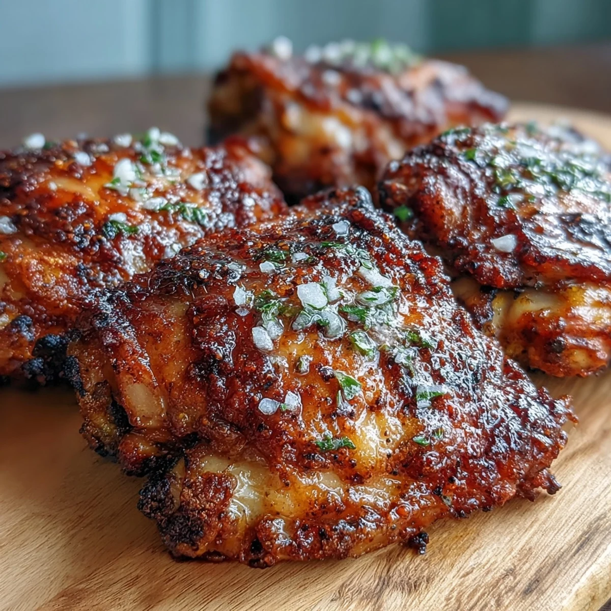 Crispy Baked Bone-In Chicken Thighs with crackling golden skin are served with fresh lemon wedges.