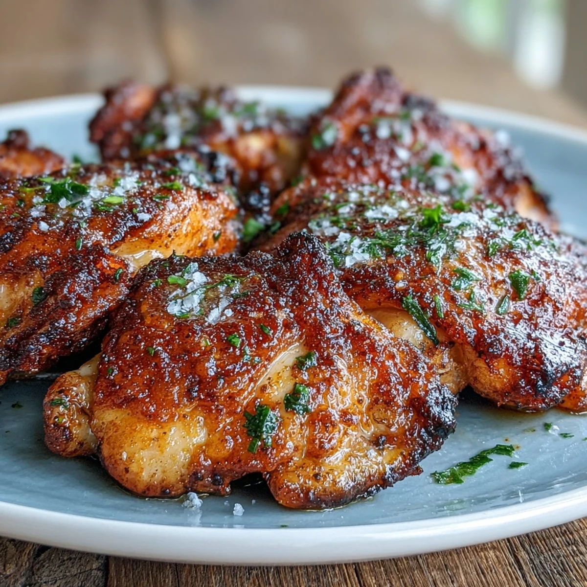 Juicy Crispy Baked Bone-In Chicken Thighs rest on a wire rack next to a smoky spice blend.